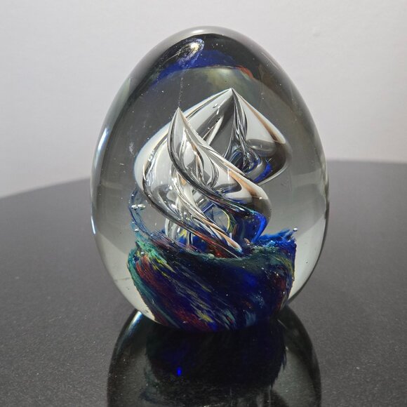 Egg Shaped Glass Paperweight, Multicolor and Transparent Swirl, Art Glass - Picture 2 of 5